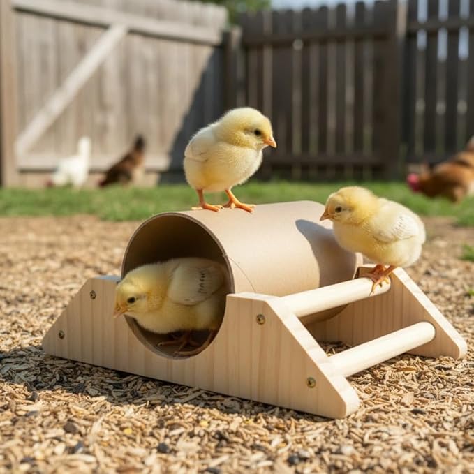 Chick Roosting Perch with Hiding Tube - Pine Wood & Paper Tube for Chicks, Duck, Birds, Parrots - Easy to Assemble Roosting Bar for Small Birds in Coops & Cages
