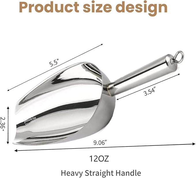 12 Oz 304 Stainless Steel Ice Scoop with Magnetic Hook - Heavy Duty Commercial Ice Shovel for Ice Maker & Freezer, Large Scooper for Bar, Kitchen, Party & Pet Food, Easy to Clean (Silver)