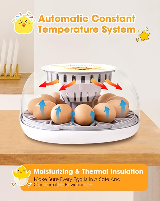 Incubators for Hatching Eggs, Chicken Waterer Cups, Automatic Egg Turner Holds 12 Eggs, Smart Incubator 360° Clear Window with Temperature Display Egg Candler for Small Poultry Chickens Ducks Quails
