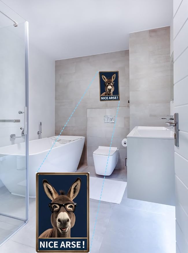 Funny Donkey Bathroom Sign – Farm-Style Humorous Tin Plaque for Restroom or Toilet – Metal Wall Decor for Home or Farmhouse – Ideal Gag Gift – 8x12 Inc