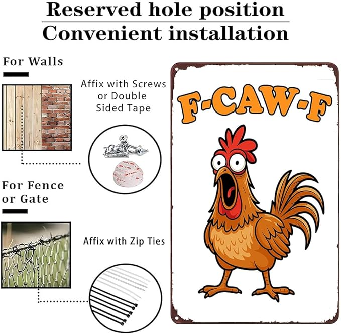 Funnysign Chicken Gifts Vintage Chicken F-CAW-F Tin Sign for Chicken-Coop Farm Kitchen Garden Yard Decor 8x12 inch (3918)