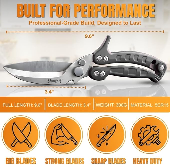 Poultry Shears Heavy Duty Professional, Turkey Shears for Chicken & Bone Cutting, Meat Cutting Scissors, Spring-Loaded Multi-purpose Kitchen Scissors, Dishwasher Safe, Non-Slip Handle, Silver