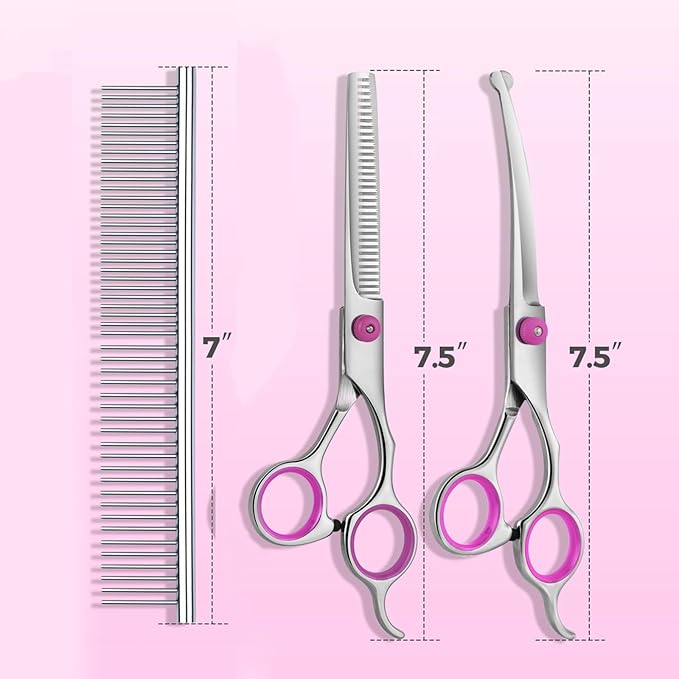 Dog Grooming Scissors with Safety Round Tips Stainless Steel Professional Pet Grooming scissors Kit - Thinning, Curved Scissors and Comb for Dogs Cats - Pink