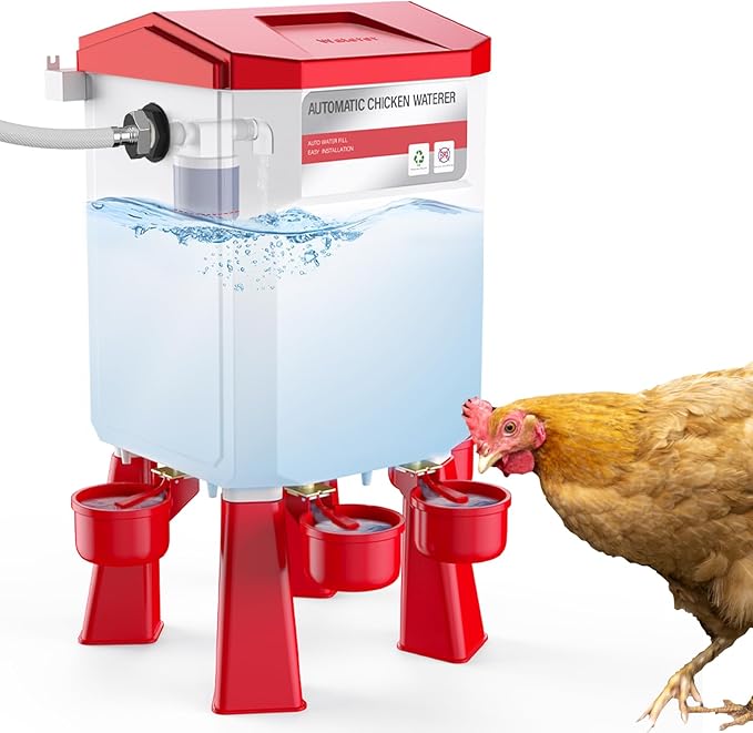 Automatic Chicken Waterer 2 Gallons, Float-Controlled Chicken Water Feeder with 4 Water Cups, 158.4-Inch Hose with 3/4'' and 1/2'' Ends, Large Poultry Waterer for Chick Quail Duck Turkey, Red