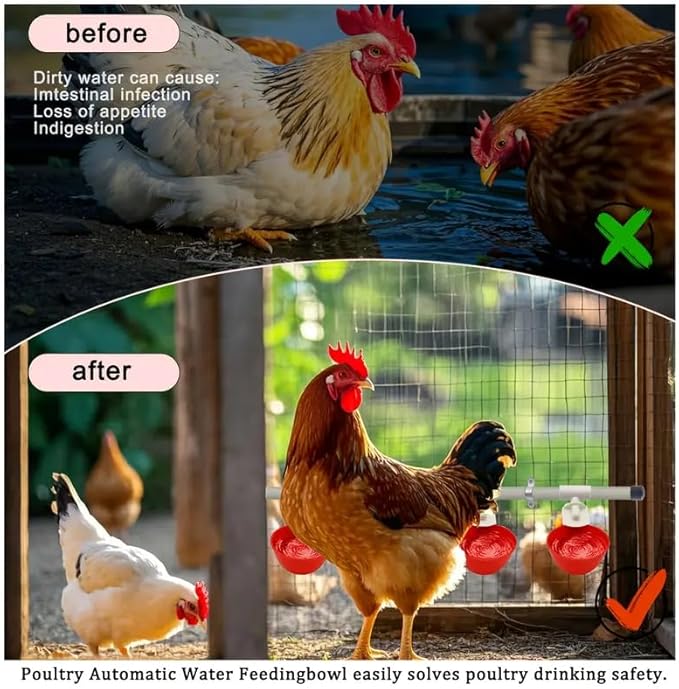 Complete Set Pipeline Automatic Chicken Waterer System, DIY Chicken Water Feeder with 9 Chicken Water Cups,1/2" PVC Tee Fittings & Pipe,Brass Pipe Fittings, Ball Valves, Poultry Waterer