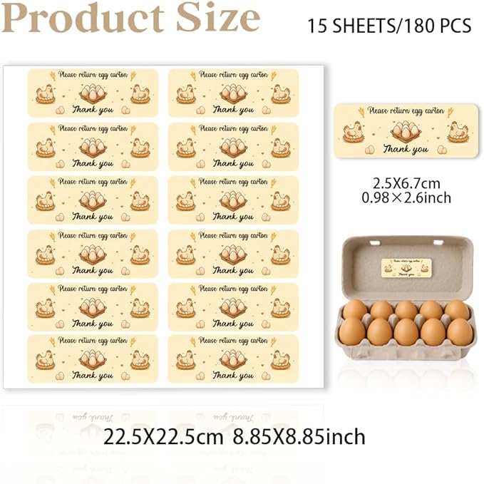 180 Pcs Farm Fresh Eggs Carton Labels, 2.6 x 0.98 in Rectangular Beige Tones Unwashed Eggs Labels Self-Adhesive Egg Packaging Stickers for Chicken Egg Box Container Farm Supplies