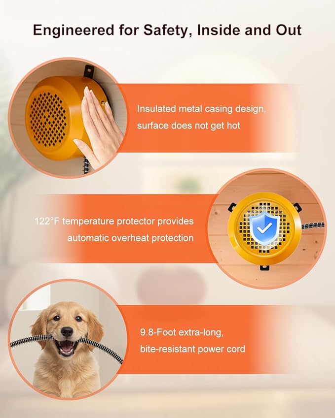 400W/800W Dog House Heater with Thermostat, Smart Temperature Control & 24H Timer Pet House Heating, Overheat Protection & Chew Proof Cord for Winter, Wall-Mounted Heater for Kennel Cat Chicken Coop