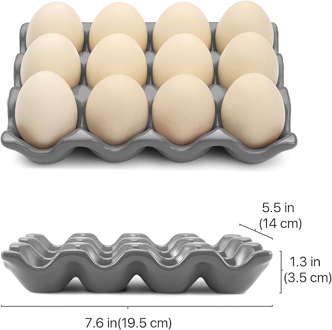 Flexzion 12 Cups Ceramic Egg Holder for Fridge - Dozen Ceramic Egg Tray Porcelain Container Storage Organizer Decorative Serving Stand Serveware for Refrigerator Countertop Display (Gray)