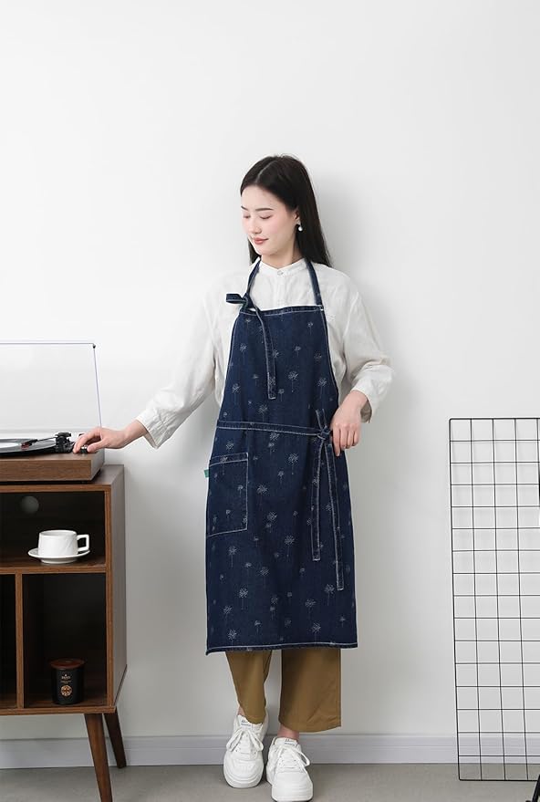 Cotton Denim Apron Soft - Unisex Adjustable Bib Apron with 5-Pockets Perfect for Kitchens