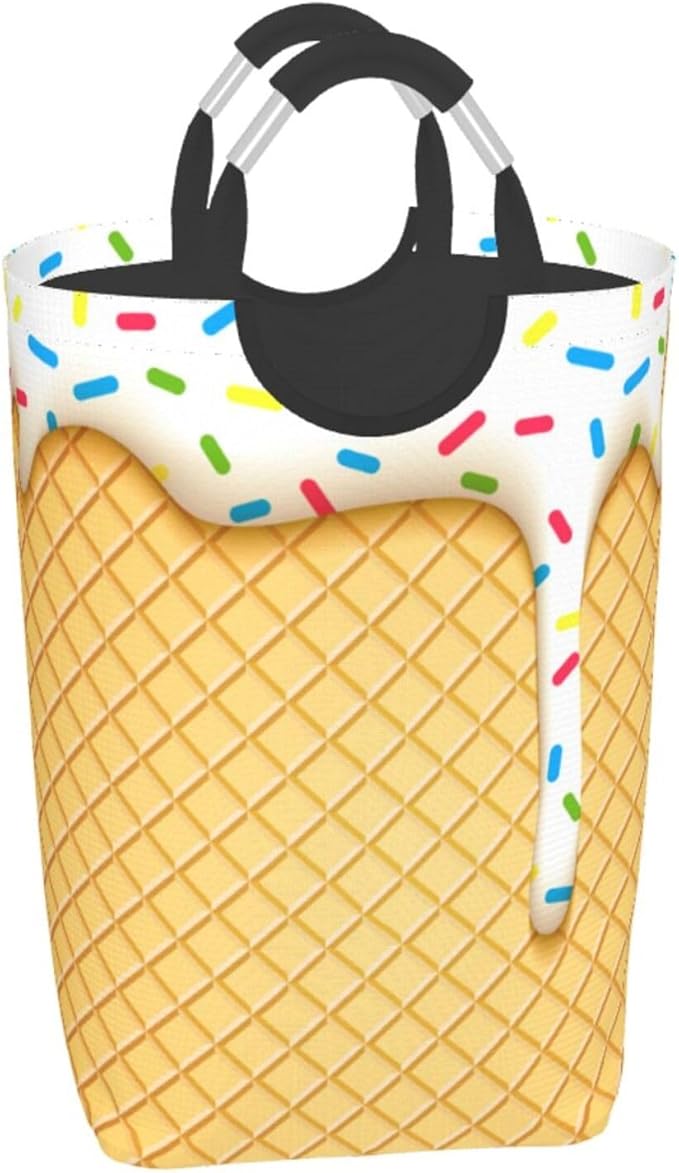 Ice Cream Cone Laundry Basket Yellow Foldable Laundry Hamper Cute Collapsible Laundry Baskets with Handles Clothes Hamper Laundry Tote Bag for Dorm Family Storage Bin 50L