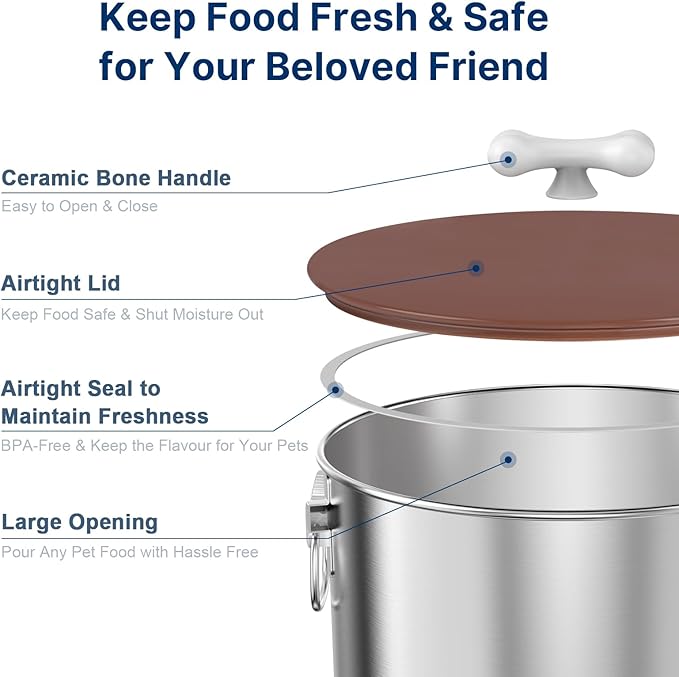 2PK 35 Lbs Stainless Steel Dog Food Storage Container with Airtight Lid & Ceramic Bone Handle, Large Metal Dog Food Bin for Dogs & Cats, Keep Fresh, Easy to Clean