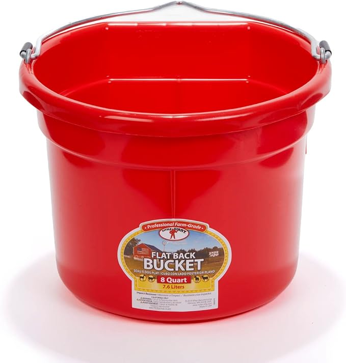 Little Giant® Flat Back Plastic Animal Feed Bucket | Animal Feed Bucket with Metal Handle | Horse Stall Feeding and Watering Supplies (Red, 8 Quart)
