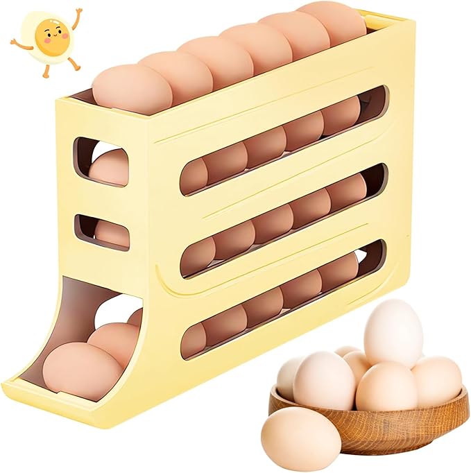 Egg Holder for Fridge, 4 Tiers Dispenser, 30 Egg Container Refrigerator, Large Capacity Organizer Automatic Fridge Rolling Egg Container for Pantry Countertop (Beige)
