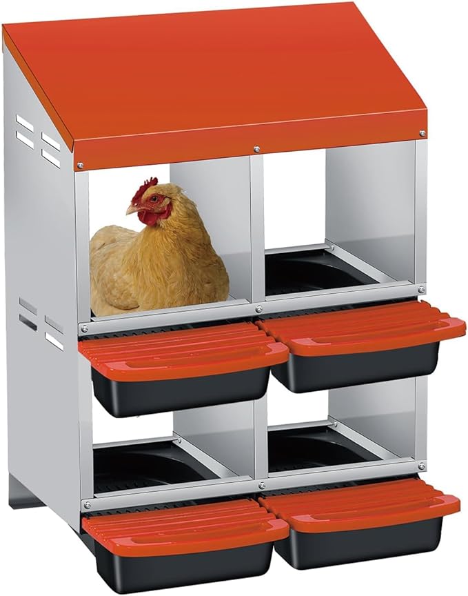 3/4-Hole Metal Chicken Nesting Box with Removable Roll-Out Tray - Easy Egg Collection & Clean Galvanized Steel Laying Box for Hens - for Backyard Coop & Poultry Farm Use