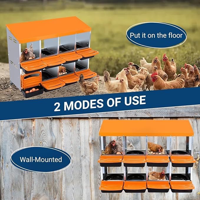 Chicken Nesting Box, 8-Compartment Egg Laying Box, Convenient for Collecting Eggs, Ventilated Poultry House Equipment in Metal Chicken Coop, Suitable for Hens and Ducks, (Orange, Without Stand)