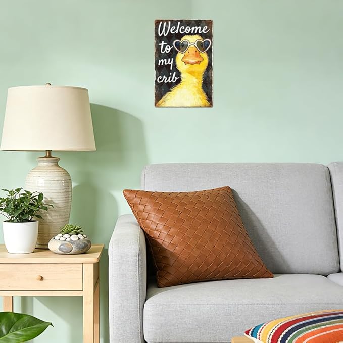 WADORN Welcome to My Crib Metal Tin Sign, 8x12 Inch Funny Duck Retro Tin Sign Novelty Bedroom Home Wall Art Decoration Plaque Gift for Home Dorm Room Porch University Dormitories Bedroom Garden Patio