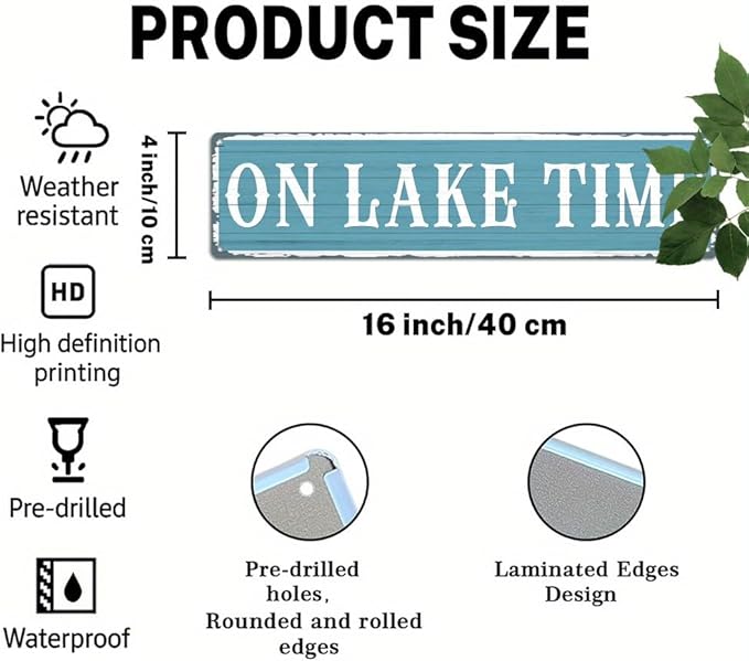 On Lake Time Metal Tin Sign Rustic Lake Decor Wall Hanging Art Vintage Style Wall Decor for Living Room Bedroom Cabin Porch Lake House 4x16 Inch
