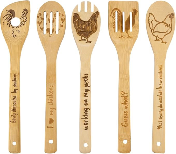 Rooster Wooden Cooking Spoons Set of 5,Rooster Gifts,Chicken Lovers Gifts,Rooster Kitchen Decor,Bamboo Cooking Spoons Farmhouse Housewarming Wedding Mom Cooking Mother's Gifts Father's Gifts