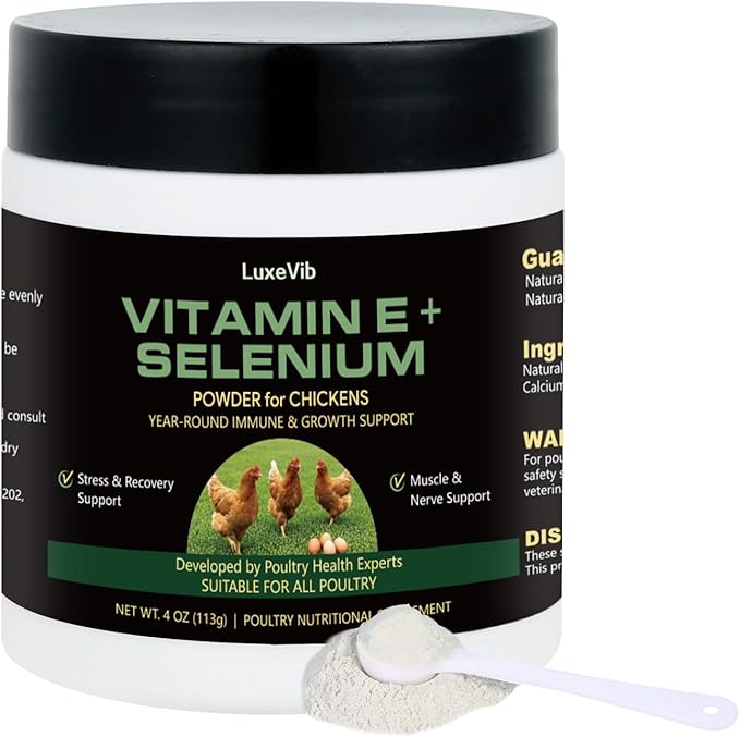 Selenium & Vitamin E Powder for Chickens, Selenium for Chickens, Immune System, Muscle Support & Prevents, Improve Wry Neck, Selenium, Vitamin E Supplements, Suitable for All Poultry