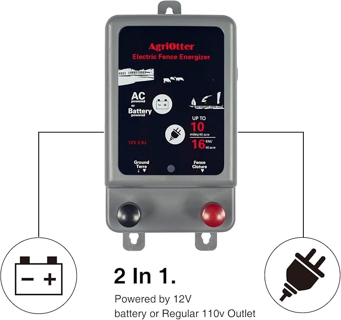 Electric Fence Energizer 40 Acre 10 Miles 2 in 1 Powered by Battery or AC Outlet 12000V 2J Pulse Electric