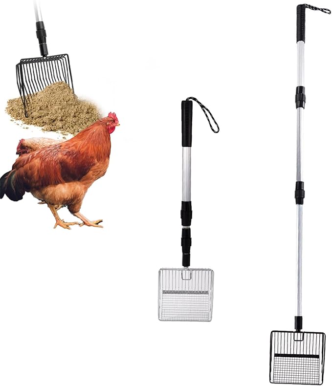 MOTUZP Chicken Poop Scooper Chicken Coop Rake Large Metal Chicken Coop Cleaning Tools 3-in-1 Stretchable Chicken Poop Scooper (22 to 42 in) for Chicken Coop Cleaning Supplies
