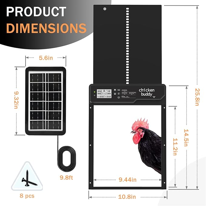 Large Automatic Chicken Coop Door Solar Powered - Aluminum Alloy Auto Chicken Door with Timer, Light Sensor, 4 Modes, LCD Display & Anti-Pinch Tech - for Chickens, Ducks, Geese