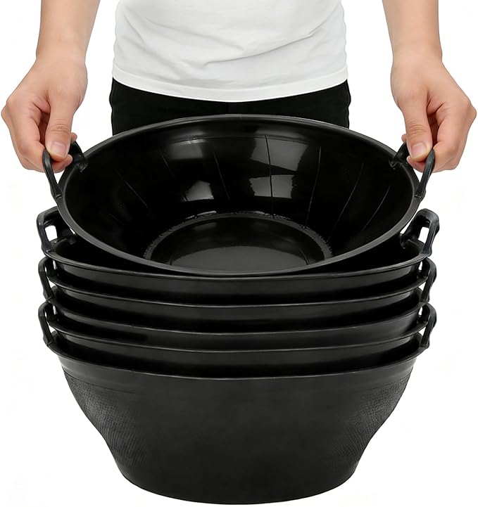 6Pcs Rubber and Plastic Feed Pan with Handle, 3 Gallon / 12 Quart Plastic Feed Pan Utility Horse Feed Bucket for Cats Dogs Goats Chicken Dust Bath Container Animal Feeding Watering Bowl