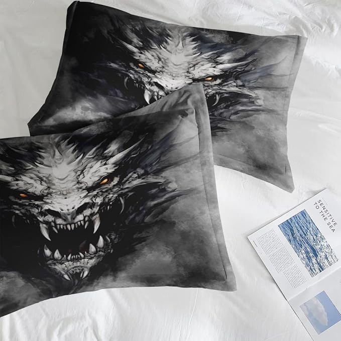 Comforter Set King Size, Dragon Gray 7 Pcs Bedding for Kids and Adults, Dark Black Gray Bed Sheet Sets with Fitted Sheet 2 Pillowcases & 2 Shams for Bedroom Bed Decor