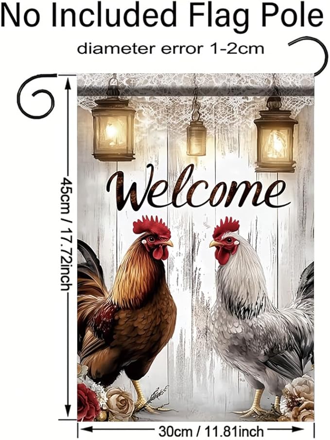 Welcome Rooster Garden Flag 12x18 Inch Double Sided Outdoor Yard Banner Farmhouse Chicken Lantern Rustic Wood Design Country Home Decoration for Porch Patio Lawn Garden Decor