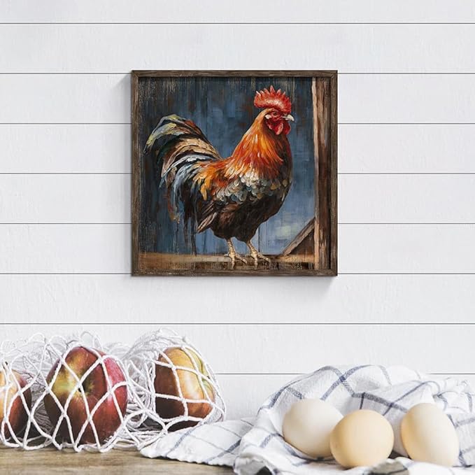 Vintage Rooster Wall Art Decor: Farmhouse Animal Picture Country Chicken Framed Artwork Farm Cock Painting is the Perfect Combination of Energy Nature for the Kitchen Country House Living Room 12"x12"