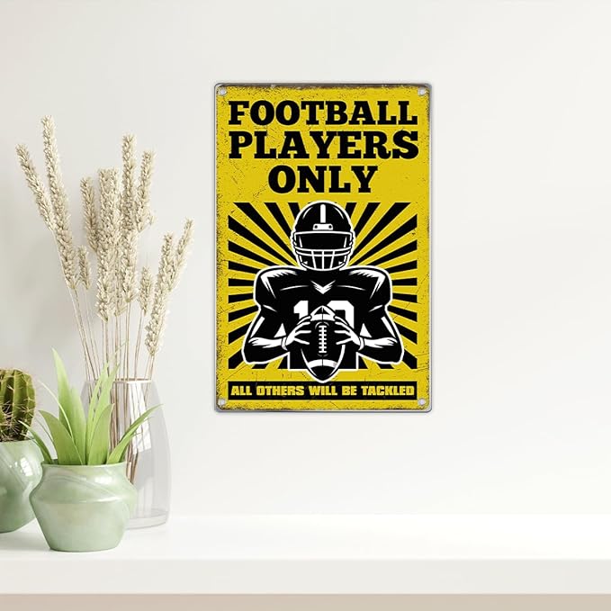 Football Players Only Metal Sign 8 x 12 Inch Funny American Wall Decor For Game Room Gym Bar Garage Sports Poster Decoration Athletes Coaches Fans Indoor Home Kitchen