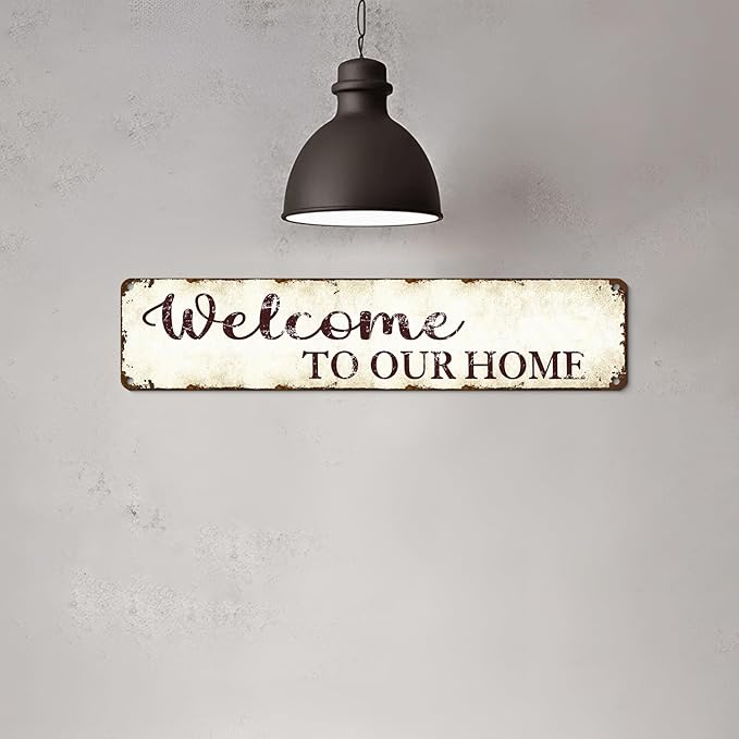 Outdoor Metal Welcome Sign - Welcome to Our Home - 16"x4" Weather-Resistant Front Door Decor - Rustic Porch Sign for Housewarming Gifts, Garden, Farmhouse - Country-Style Durable Metal Wall Art