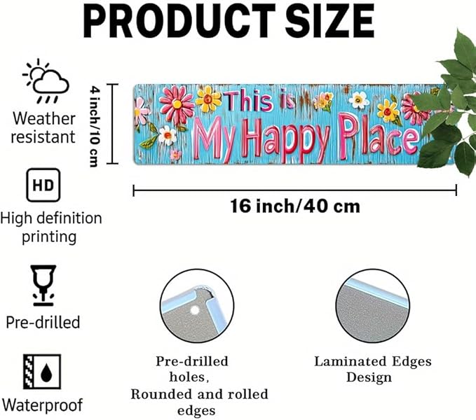 This is My Happy Place Metal Tin Sign Rustic Floral Wall Decor for Bedroom Living Room Kitchen Bathroom Porch 4x16 Inch