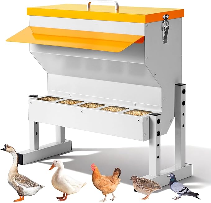 Automatic Chicken Feeder 20LB no Waste Metal Duck Feeder with 5 Chicken Feeders Trough Port Wall Mount Large Hanging Poultry Feeder Dispenser with Lid Legs for Outside Chickens Coop Quail Galvanized