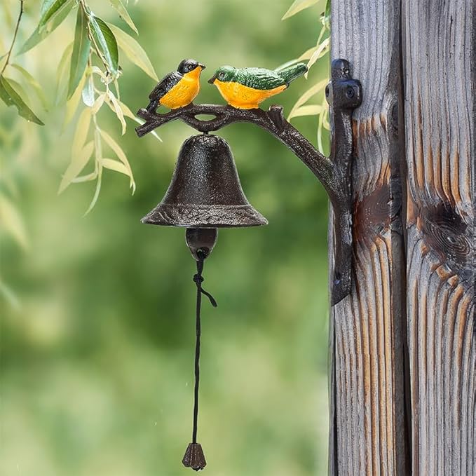 Sungmor Cast Iron Dinner Bell, Outside Farmhouse Door Bell, Wall Hanging Bell, Antique Lovely Color Birds Decorative Manually Shaking Doorbell, Indoor Outdoor Wall Mounted Ornamental Dinner Bell