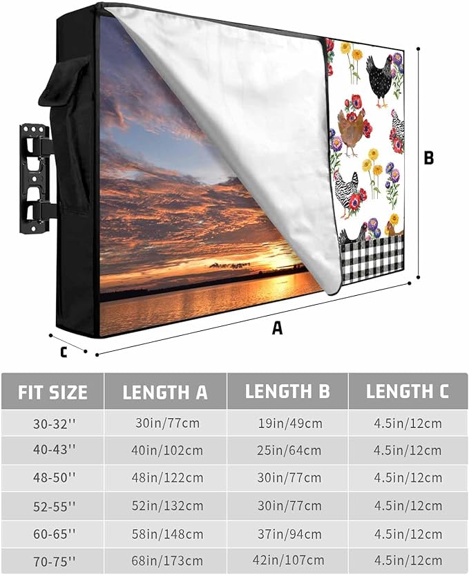 Waterproof Outdoor TV Cover 48 to 50 Inch, Farm Chicken Flower Outside Flat Screen Televisions Weatherproof Cover Size 48"L x 30"H, White Black Plaid TV Protector With Zipper