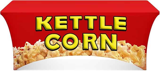 Oudain 6 ft Kettle Corn Stand Tablecloth Elastic Spandex Popcorn Rectangle Table Cover Kettle Corn Banner Sign Table Cloth for Business Advertising Carnivals Party Outdoor Concession Stand