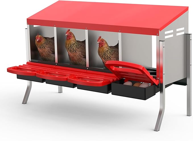 Chicken Nesting Box 4 Hole, Galvanized Steel Nest with Roll Away Egg Collection & Swing Perch, Easy-Clean Laying Box for Hens, Heavy Duty Design for Chicken Coop