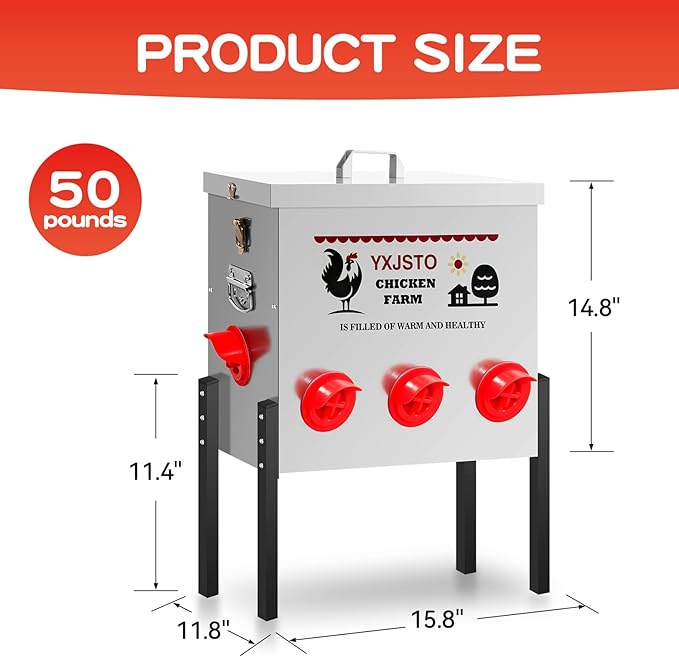 50LB Automatic Chicken Feeder with 8 Ports, Heavy Duty Metal No-Waste Poultry Feeder, Rustproof & Weatherproof Chicken Feeder with Adjustable Legs & Locking Lid