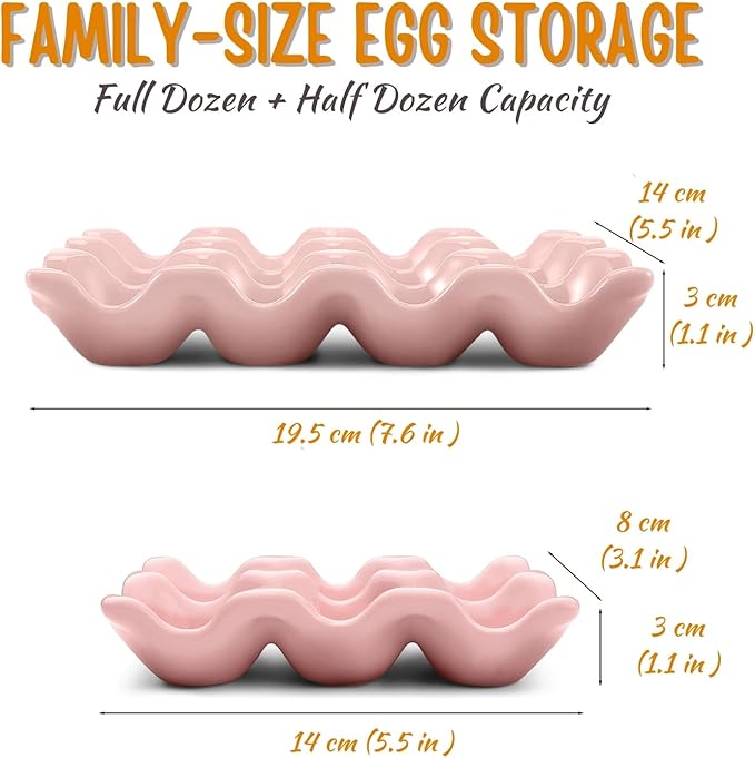 Flexzion 12 + 6 Cups Ceramic Egg Holder for Fridge - 18 Porcelain Egg Tray Container Keeper Storage Organizer Decorative Serving Stand Serveware for Refrigerator Countertop Display Kitchen (Pink)