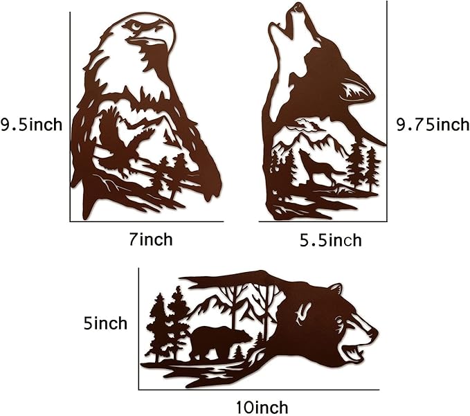 J-Fly Metal Bear Wall Decor Eagle Wall Decor Wildlife Wall Art Rustic Cabin Decor Laser Cut Bear and Wolf Eagle For Living Room Valentine Bathroom etc Indoor & Outdoor Decor 3 Pack