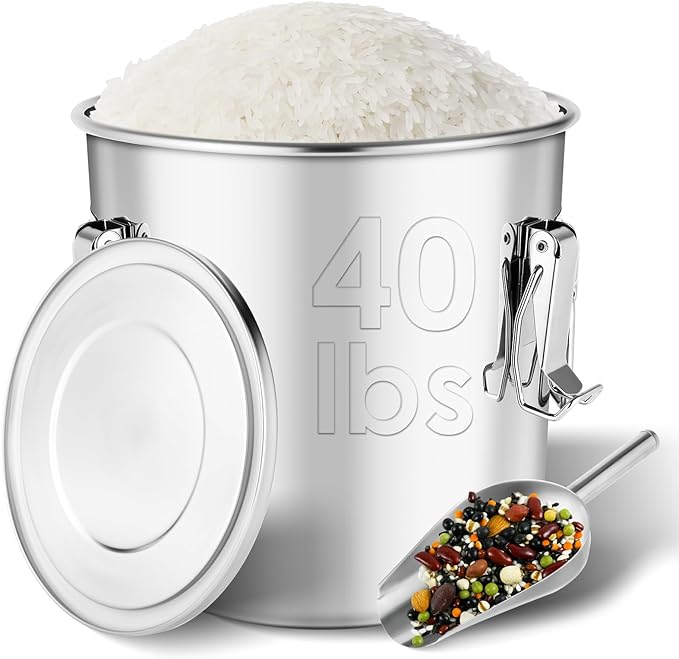 Stainless Steel Containers with Lids,40 lbs Large Capacity Food Storage Containers for Rice Flour Sugar Grain Coffee Bean,Airtight Canister for Kitchen & Pantry Organization