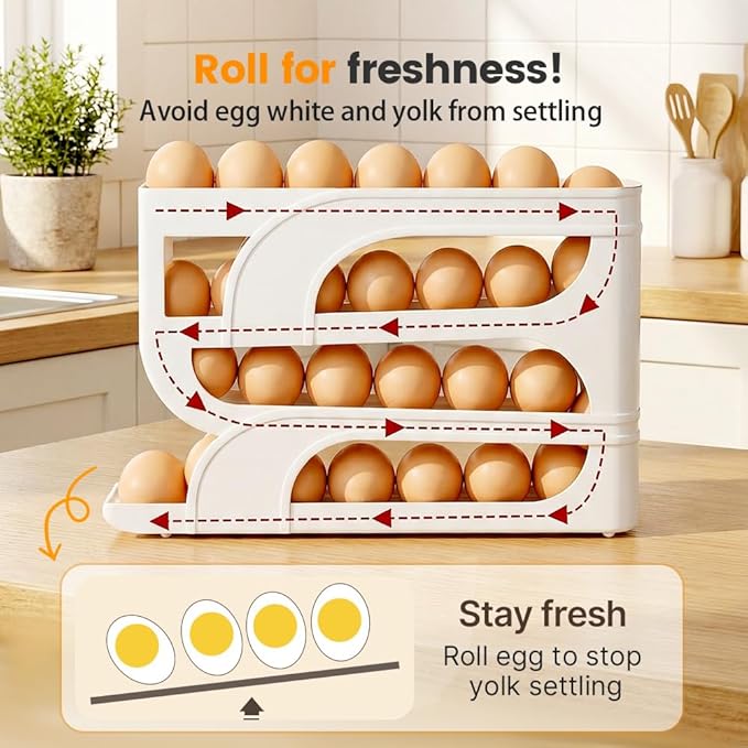 Auto Rolling Egg Holder for Fridge, 4-Tier Egg Dispenser Organizer Holds 28 Eggs, No Assembly Space-Saving Egg Storage Rack for Refrigerator & Countertop (Transparent)