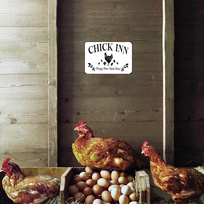 Funnysign Vintage Chicken Sign Chick Inn Happy Hens Roost Here Funny Tin Sign for Chicken Coop Farm Kitchen Garden Yard Decor 8x12 inches(3883)