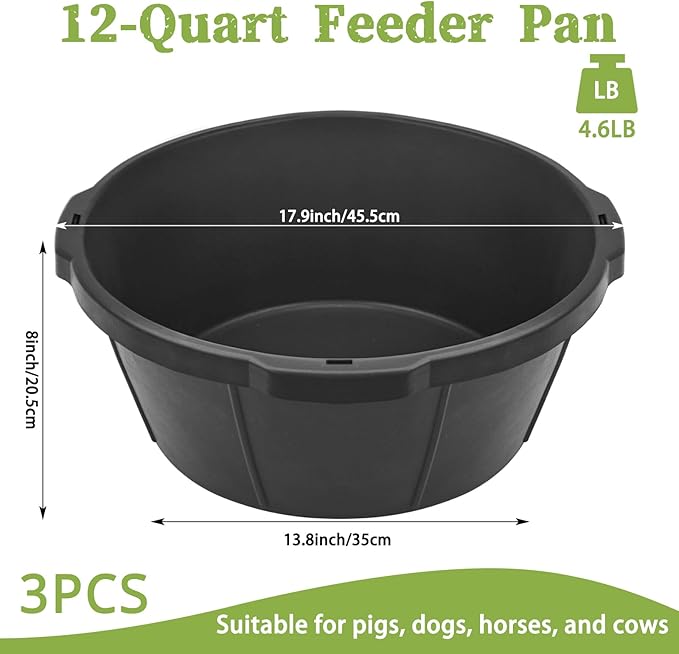 3Pcs Heavy Duty Rubber Feed Pan, 26 Quart/ 6.5 Gallon Rubber Tub Horse Feed Bucket, Durable Livestock Feeder Pan Dog Bowl Chicken Dust Bath Tub for Dogs Pig Goat Chicken Duck Farm Animal Feeding