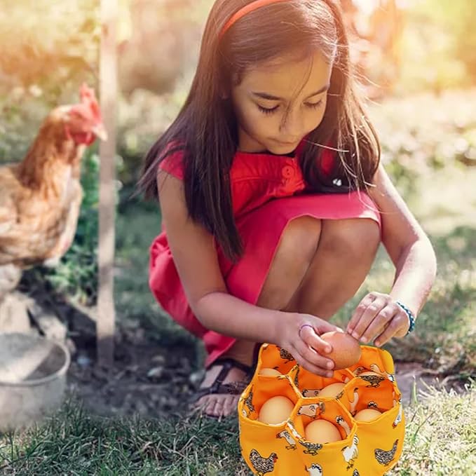 Egg Basket Canvas Collecting Holder with 7 Pouches, Extended Handle, Farm Fresh Egg Carrier for Chicken Duck Goose Eggs, Orange