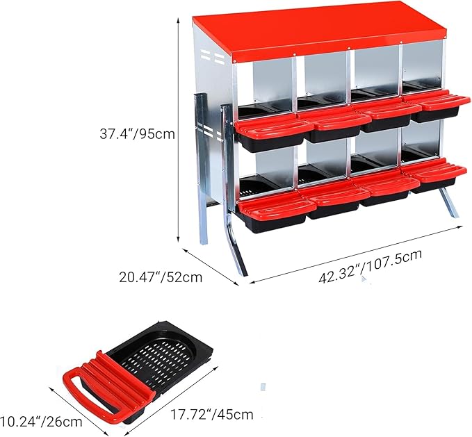 Metal Chicken Nesting Box, 8 Compartments Chicken Egg Laying Box, Chicken Coop Nesting Box, Chicken Nesting Box with Roll Up Design Lid, with Stand,Red