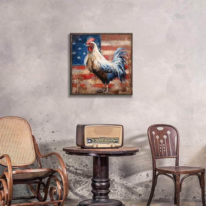 Rooster Wooden Wall Art Decor: Farm Animal Picture Country Cock Flag Framed Artwork Farmhouse Chicken Painting is the Perfect Combination of Energy Nature for the Kitchen Country House 20"x20"