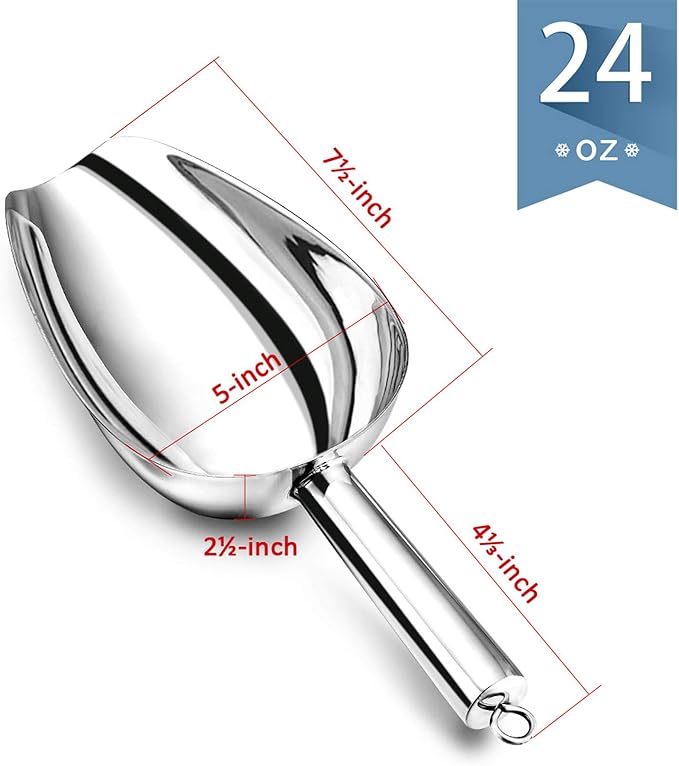 Stainless Steel Ice Scoop Set of 2, E-far 24 Ounces Metal Large Utility Scoop for Kitchen/Bar/Party/Wedding/Dog food/Potted Plants, Round Bottom & Hanging Loop, Rust Free & Dishwasher Safe