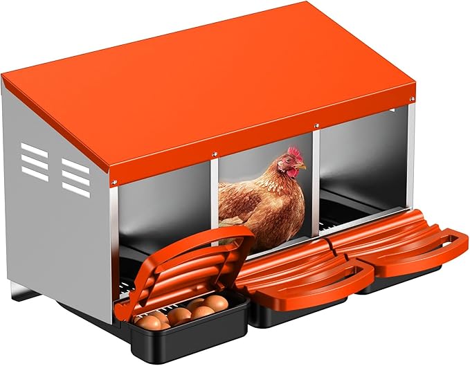 Chicken Nesting Boxes, Roll Away Laying Nest Box for Hens, Galvanized Steel with Removable Egg Drawer, Protects Eggs, Easy Egg Collection, for Chicken Coop, 3 Compartments